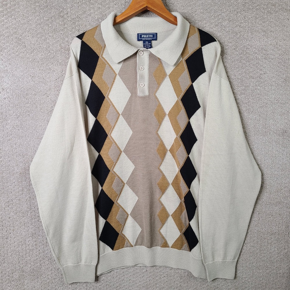 Vintage Peletti Sweater Mens 2XL Beige Argyle Polo Neck Merino Wool Blend 90s